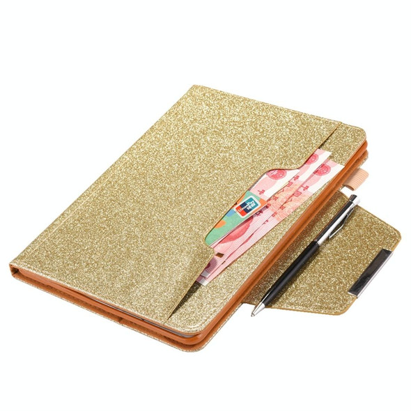 iPad 10.2 2021 / 2020 / 2019 Glitter Powder Horizontal Flip Leather Case with Holder & Card Slot & Photo Frame & Wallet(Gold)