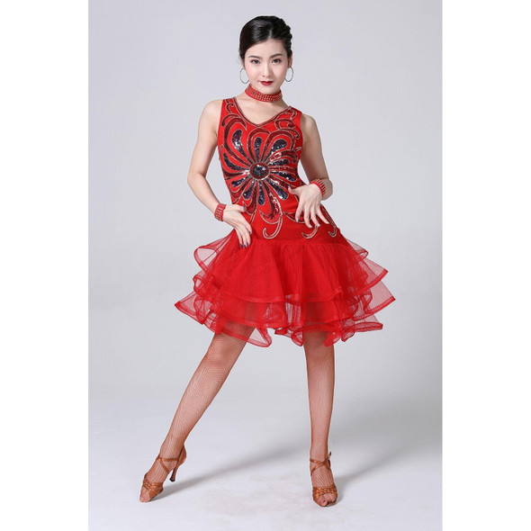 5 in 1 Sleeveless Latin Dance Dress + Collar + Separate Bottoms + Bracelets Set (Color:Red Size:XXL)