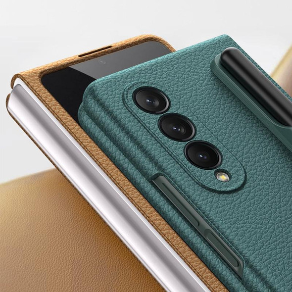 Samsung Galaxy Z Fold3 5G GKK Ultra-thin Full Coverage Leather Phone Flip Case with Pen Holder(Coffee Brown)