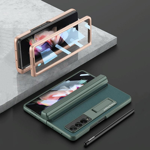 Samsung Galaxy Z Fold3 5G GKK Magnetic Hinge Plain Leather Phone Flip Case with Pen Box(Carbon Fiber Texture)
