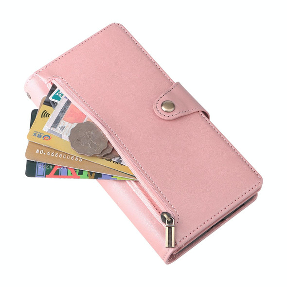 Samsung Galaxy S21 Ultra 5G Rivet Buckle 9 Cards Three Fold Leather Phone Case(Rose Gold)