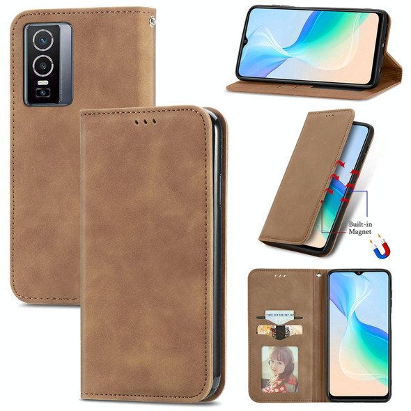 vivo Y76 5G Retro Skin Feel Magnetic Horizontal Flip Leather Phone Case(Brown)