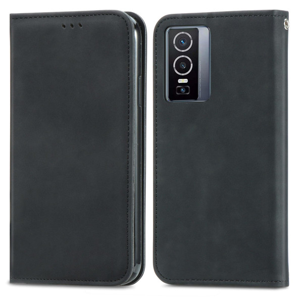 vivo Y76 5G Retro Skin Feel Magnetic Horizontal Flip Leather Phone Case(Black)