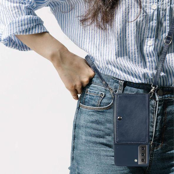 Samsung Galaxy S22 5G Crossbody Lanyard Wallet Card Bag Phone Case(Dark Blue)
