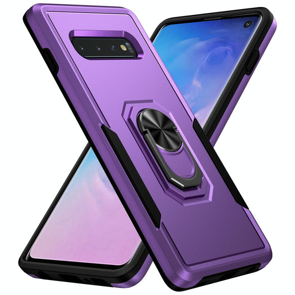 Samsung Galaxy S10 Pioneer Armor Heavy Duty PC + TPU Holder Phone Case(Purple + Black)