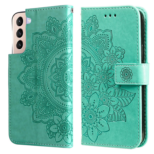 Samsung Galaxy S22 5G 7-petal Flowers Embossed Flip Leather Phone Case with Holder & Card Slots(Green)