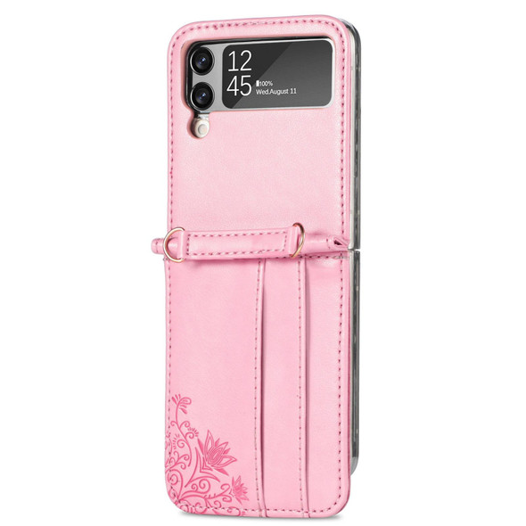 Samsung Galaxy Z Flip 3 5G Diagonal Lanyard Embossed Card Phone Case(Pink)