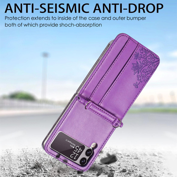 Samsung Galaxy Z Flip 3 5G Diagonal Lanyard Embossed Card Phone Case(Purple)