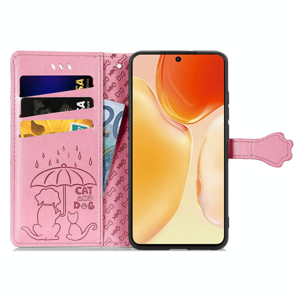 vivo X70 Pro Lovely Cat and Dog Embossing Pattern Horizontal Flip Leather Phone Case with Holder & Card Slots & Wallet & Cartoon Clasp & Lanyard(Pink)