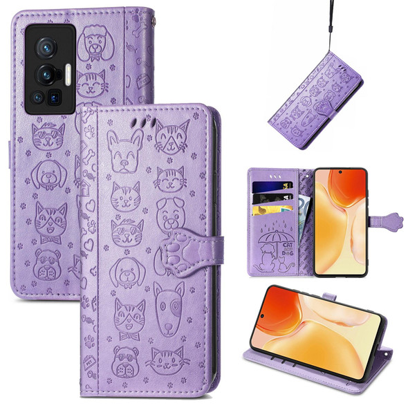 vivo X70 Pro Lovely Cat and Dog Embossing Pattern Horizontal Flip Leather Phone Case with Holder & Card Slots & Wallet & Cartoon Clasp & Lanyard(Purple)