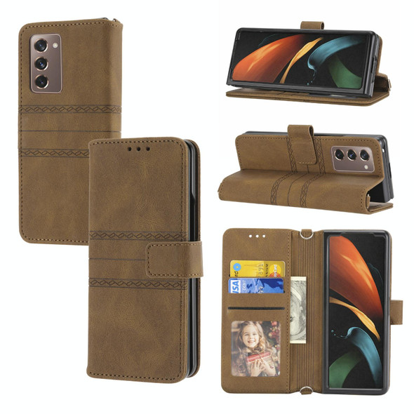 Samsung Galaxy Z Fold2 5G Embossed Striped Magnetic Buckle PU + TPU Horizontal Flip Phone Leather Case(Brown)