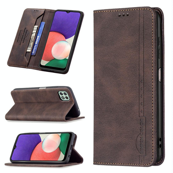 Samsung Galaxy A22 5G Magnetic RFID Blocking Anti-Theft Leather Case with Holder & Card Slots & Wallet(Brown)