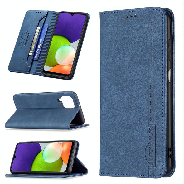Samsung Galaxy A22 4G Magnetic RFID Blocking Anti-Theft Leather Case with Holder & Card Slots & Wallet(Blue)