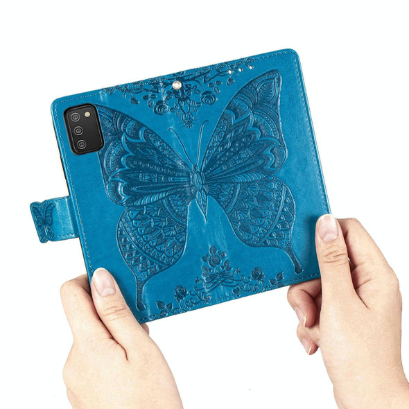 Samsung Galaxy A03s 166mm Butterfly Love Flowers Embossed Horizontal Flip Leather Case with Holder & Card Slots & Wallet & Lanyard(Blue)