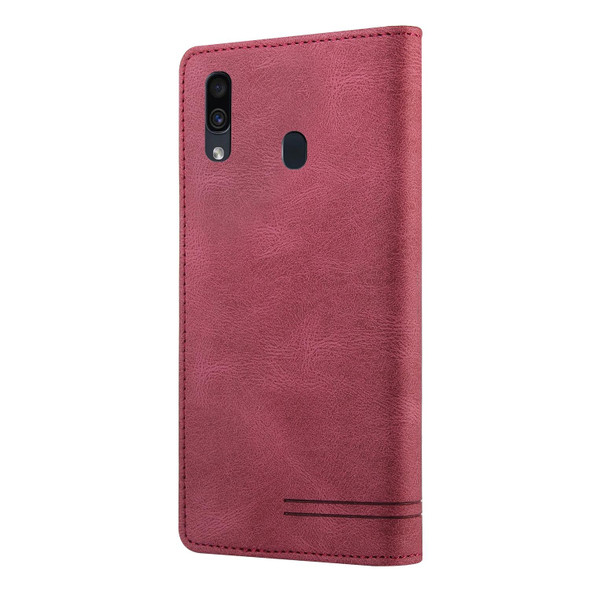 Samsung Galaxy A20 / A30 Skin Feel Anti-theft Brush Horizontal Flip Leather Case with Holder & Card Slots & Wallet(Wine Red)