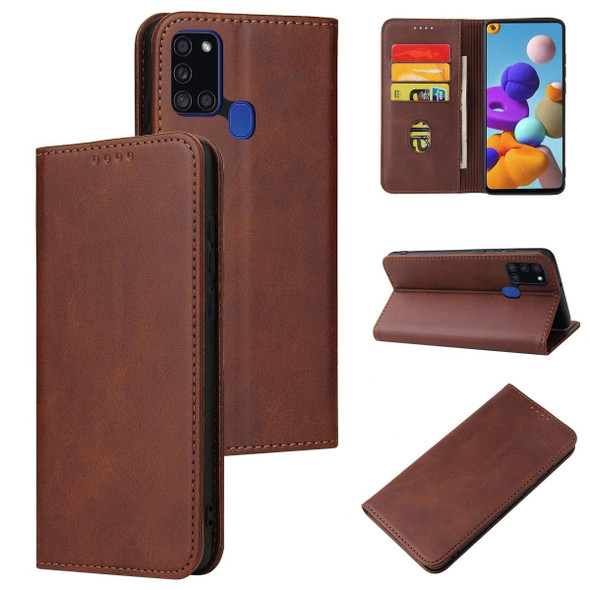 Samsung Galaxy A21s Calf Texture Magnetic Horizontal Flip Leather Case with Holder & Card Slots & Wallet(Brown)