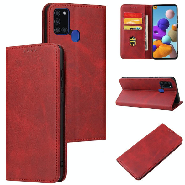 Samsung Galaxy A21s Calf Texture Magnetic Horizontal Flip Leather Case with Holder & Card Slots & Wallet(Red)