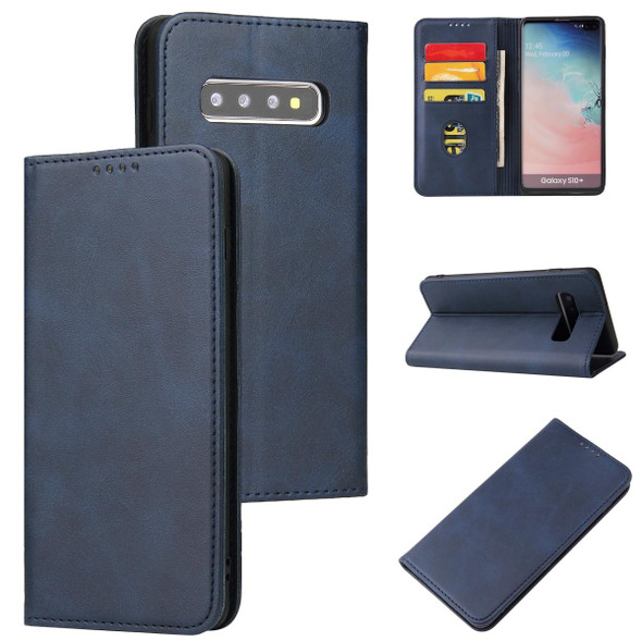 Samsung Galaxy S10+ Calf Texture Magnetic Horizontal Flip Leather Case with Holder & Card Slots & Wallet(Blue)