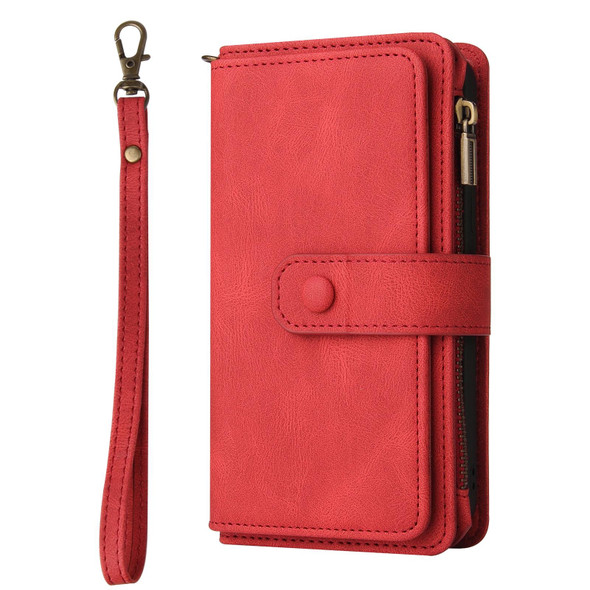 Samsung Galaxy S21 FE 5G Skin Feel PU + TPU Horizontal Flip Leather Case with Holder & 15 Cards Slot & Wallet & Zipper Pocket & Lanyard(Red)