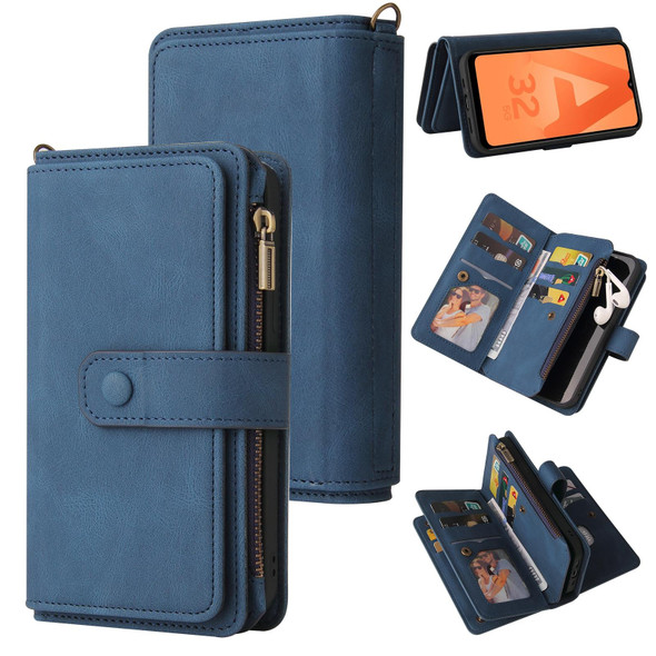 Samsung Galaxy A32 5G Skin Feel PU + TPU Horizontal Flip Leather Case with Holder & 15 Cards Slot & Wallet & Zipper Pocket & Lanyard(Blue)