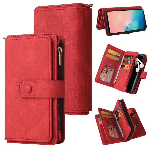 Samsung Galaxy S10e Skin Feel PU + TPU Horizontal Flip Leather Case with Holder & 15 Cards Slot & Wallet & Zipper Pocket & Lanyard(Red)