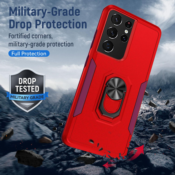 Samsung Galay S21 Ultra 5G Pioneer Armor Heavy Duty PC + TPU Shockproof Case with Holder(Red)