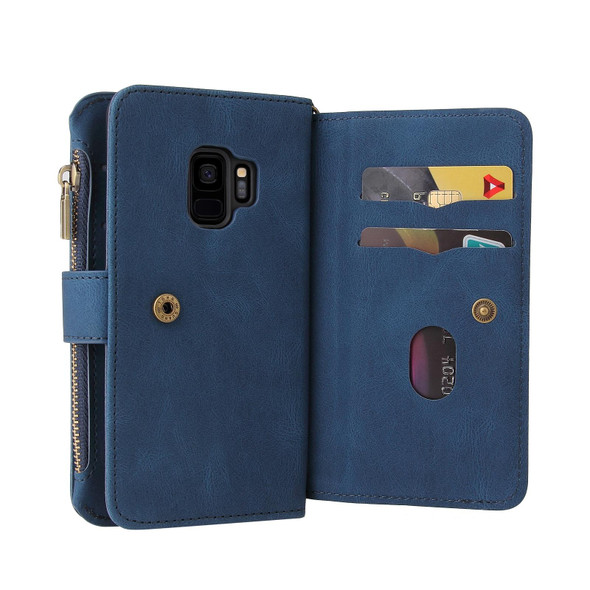 Samsung Galaxy S9 Skin Feel PU + TPU Horizontal Flip Leather Case with Holder & 15 Cards Slot & Wallet & Zipper Pocket & Lanyard(Blue)