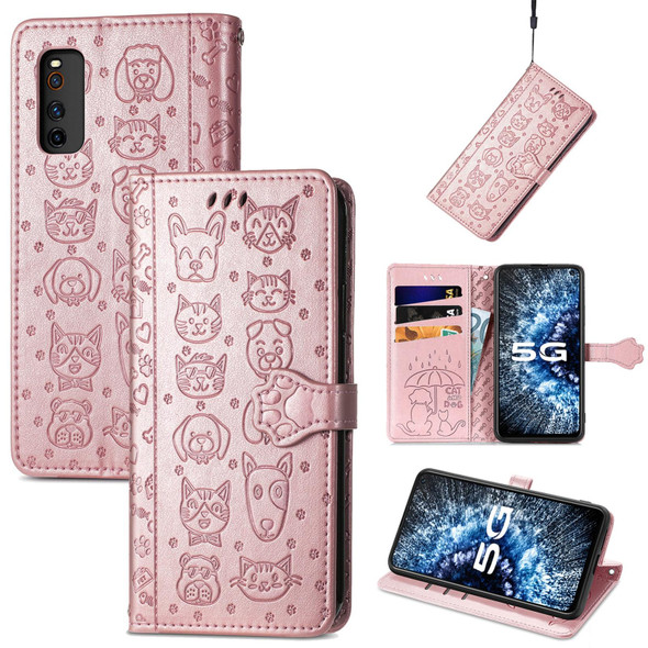 Vivo iQOO Neo3 Lovely Cat and Dog Embossing Pattern Horizontal Flip Leather Case , with Holder & Card Slots & Wallet & Cartoon Clasp & Lanyard(Rose Gold)