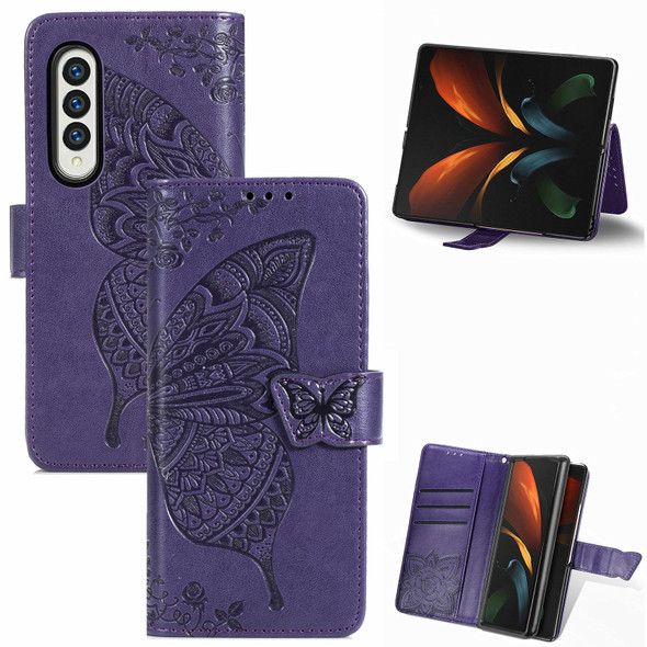 Samsung Galaxy Z Fold3 5G Butterfly Love Flowers Embossed Horizontal Flip Leather Case with Holder & Card Slots & Wallet & Lanyard(Dark Purple)