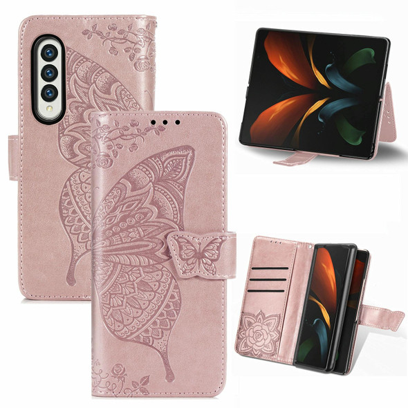 Samsung Galaxy Z Fold3 5G Butterfly Love Flowers Embossed Horizontal Flip Leather Case with Holder & Card Slots & Wallet & Lanyard(Rose Gold)