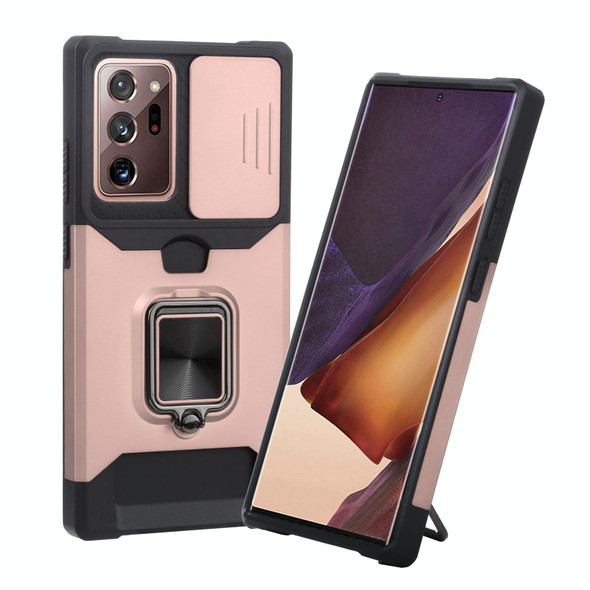 Samsung Galaxy Note20 Ultra Sliding Camera Cover Design PC + TPU Shockproof Case with Ring Holder & Card Slot(Rose Gold)