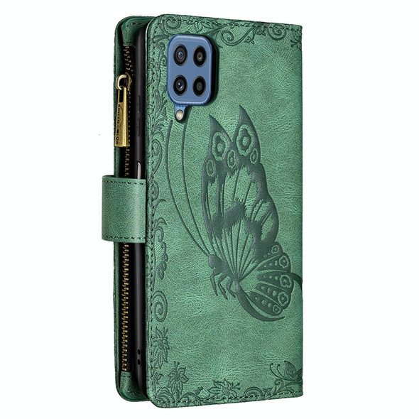 Samsung Galaxy M32 Flying Butterfly Embossing Pattern Zipper Horizontal Flip Leather Case with Holder & Card Slots & Wallet(Green)