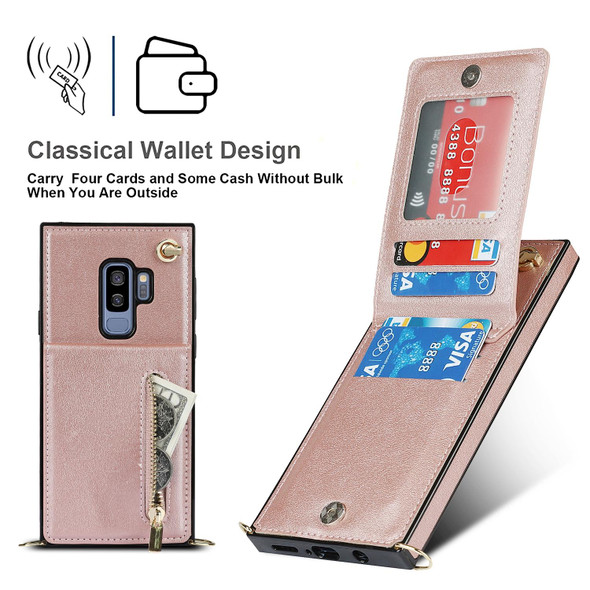 Samsung Galaxy S9 Plus Cross-body Zipper Square TPU+PU Back Cover Case with Holder & Card Slots & Wallet & Strap(Rose Gold)