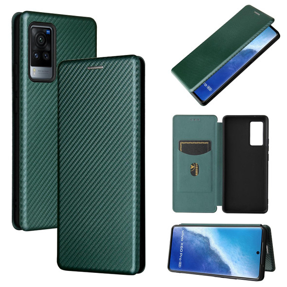 vivo X60 Pro / X60 5G Carbon Fiber Texture Magnetic Horizontal Flip TPU + PC + PU Leather Case with Card Slot(Green)