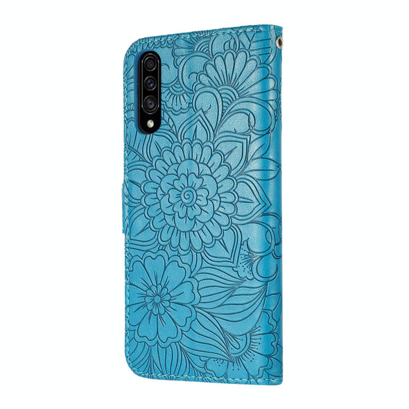 Samsung Galaxy A30s Skin Feel Embossed Sunflower Horizontal Flip Leather Case with Holder & Card Slots & Wallet & Lanyard(Blue)