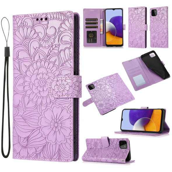 Samsung Galaxy A22 5G Skin Feel Embossed Sunflower Horizontal Flip Leather Case with Holder & Card Slots & Wallet & Lanyard(Purple)