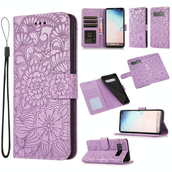 Samsung Galaxy S10 Skin Feel Embossed Sunflower Horizontal Flip Leather Case with Holder & Card Slots & Wallet & Lanyard(Purple)