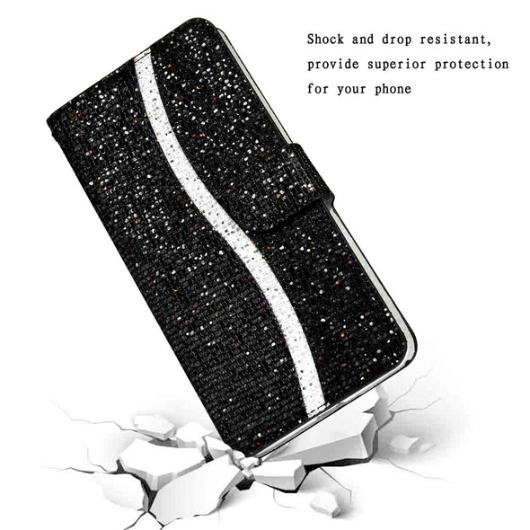 Samsung Galaxy A20s Glitter Powder Horizontal Flip Leather Case with Card Slots & Holder & Lanyard(Black)