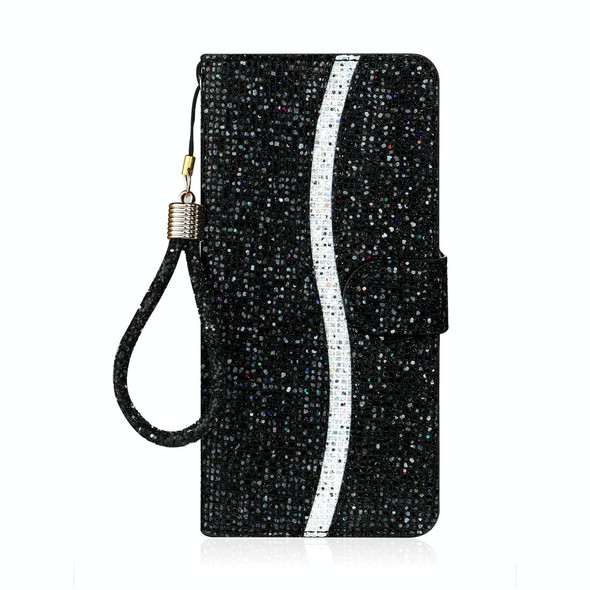 Samsung Galaxy A11 Glitter Powder Horizontal Flip Leather Case with Card Slots & Holder & Lanyard(Black)