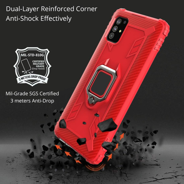 Samsung Galaxy A21S Carbon Fiber Protective Case with 360 Degree Rotating Ring Holder(Red)