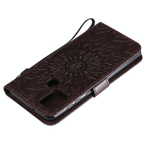 Samsung Galaxy A21s Embossed Sunflower Pattern Horizontal Flip PU Leather Case with Holder & Card Slots & Wallet & Lanyard(Brown)