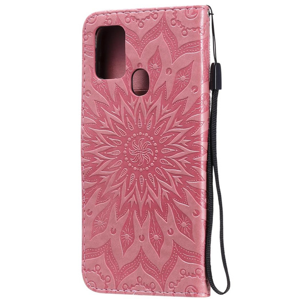 Samsung Galaxy A21s Embossed Sunflower Pattern Horizontal Flip PU Leather Case with Holder & Card Slots & Wallet & Lanyard(Pink)