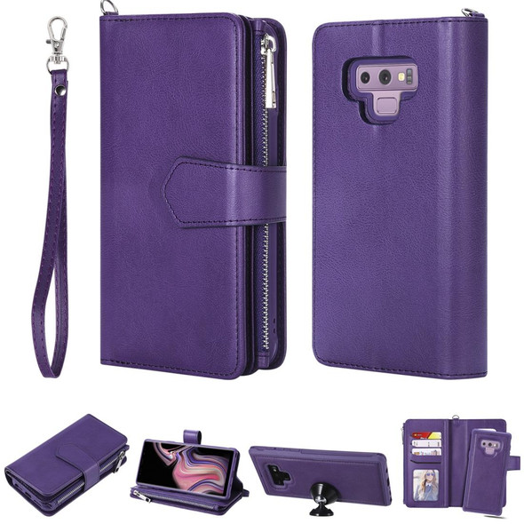 Galaxy Note9 2 in 1 Solid Color Zipper Shockproof Protective Case with Card Slots & Bracket & Photo Holder & Wallet Function(Purple)