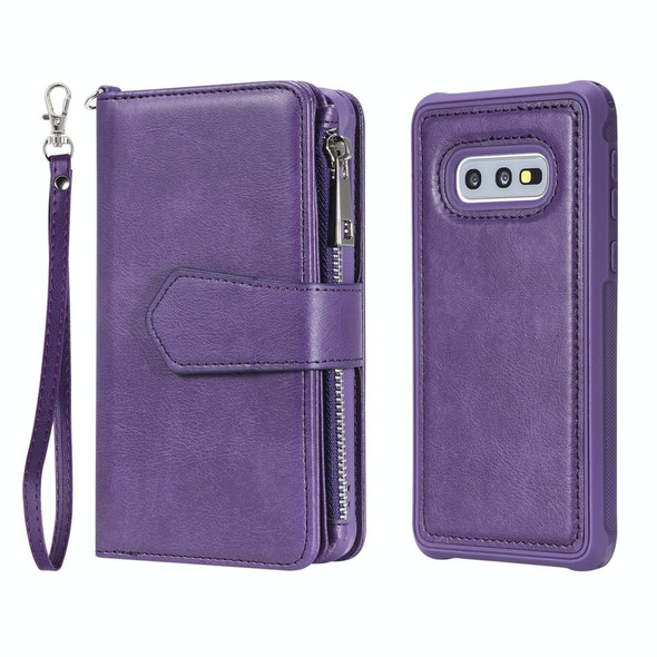 Galaxy S10e 2 in 1 Solid Color Zipper Shockproof Protective Case with Card Slots & Bracket & Photo Holder & Wallet Function(Purple)