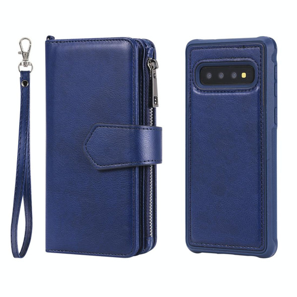 Galaxy S10 2 in 1 Solid Color Zipper Shockproof Protective Case with Card Slots & Bracket & Photo Holder & Wallet Function(Blue)