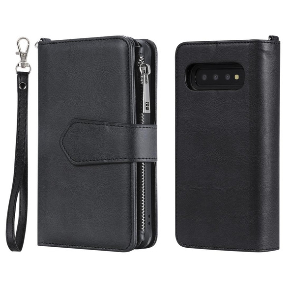 Galaxy S10 2 in 1 Solid Color Zipper Shockproof Protective Case with Card Slots & Bracket & Photo Holder & Wallet Function(Black)