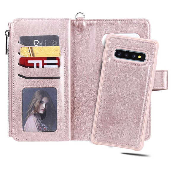 Galaxy S10 Plus 2 in 1 Solid Color Zipper Shockproof Protective Case with Card Slots & Bracket & Photo Holder & Wallet Function(Rose Gold)