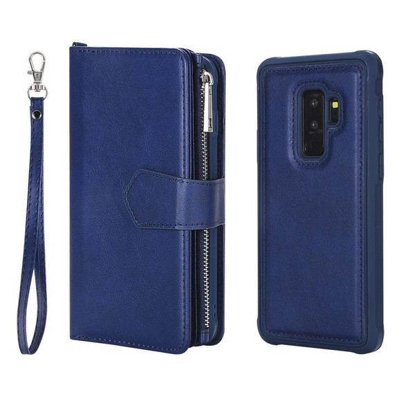 Galaxy S9 Plus 2 in 1 Solid Color Zipper Shockproof Protective Case with Card Slots & Bracket & Photo Holder & Wallet Function(Blue)