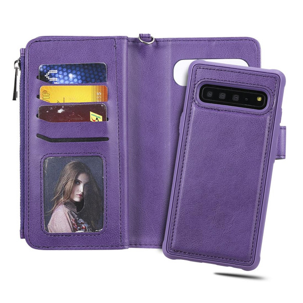 Galaxy S10 5G 2 in 1 Solid Color Zipper Shockproof Protective Case with Card Slots & Bracket & Photo Holder & Wallet Function(Purple)