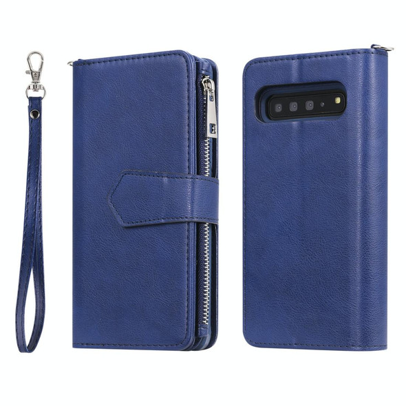 Galaxy S10 5G 2 in 1 Solid Color Zipper Shockproof Protective Case with Card Slots & Bracket & Photo Holder & Wallet Function(Blue)